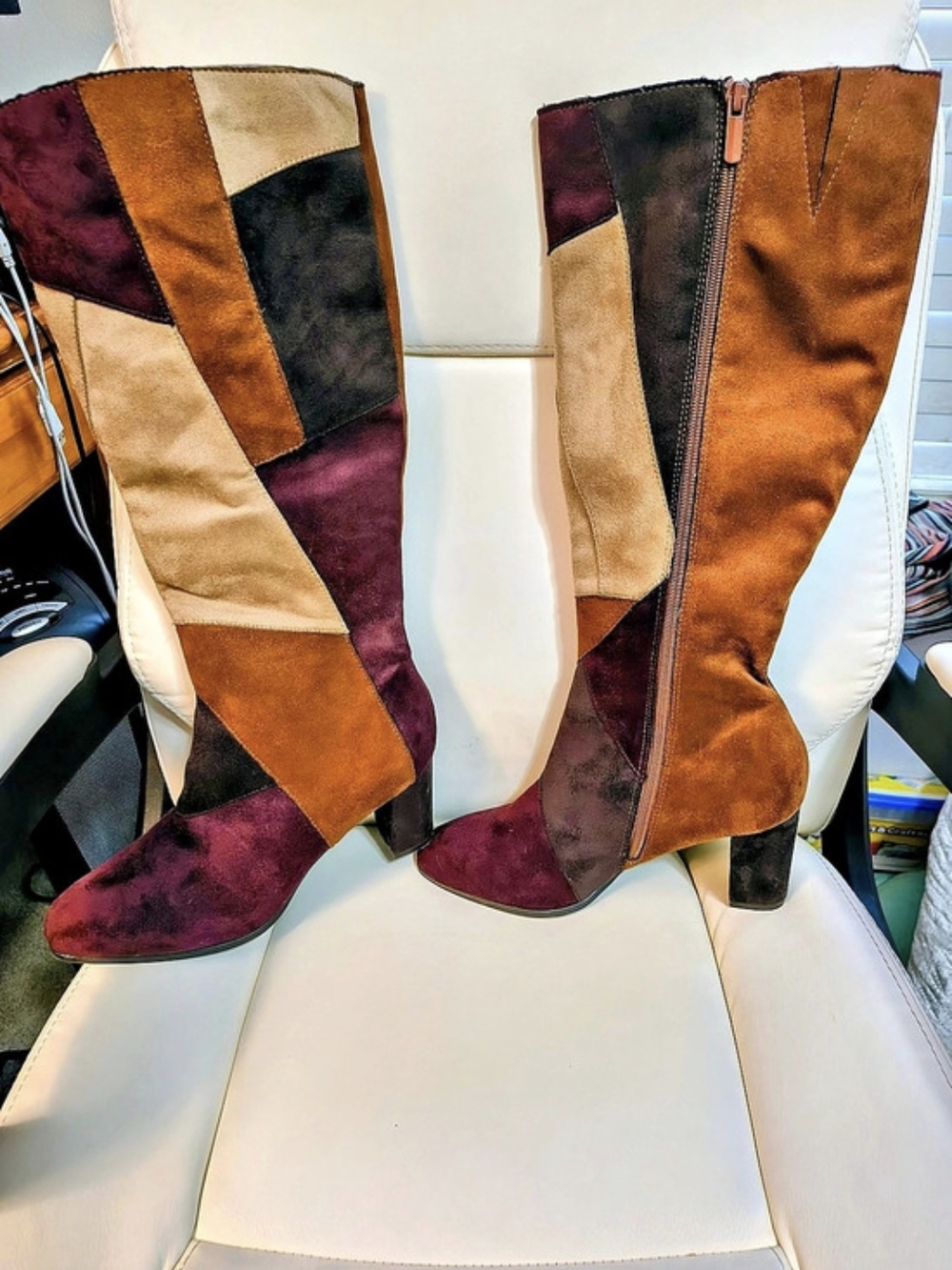 Color Block Heeled Boots in Brown & Purple Like New
